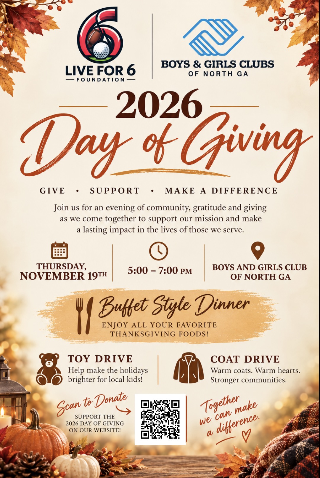 2026 Day of Giving event flyer: November 19, 5–7 PM at Boys and Girls Club of North Georgia, with buffet dinner, toy drive, and coat drive